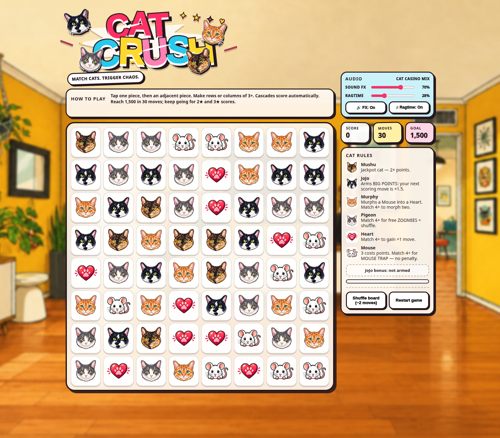 Finished Cat Crush game with its four-cat title, cat board, Hearts and Mice, and rules panel.