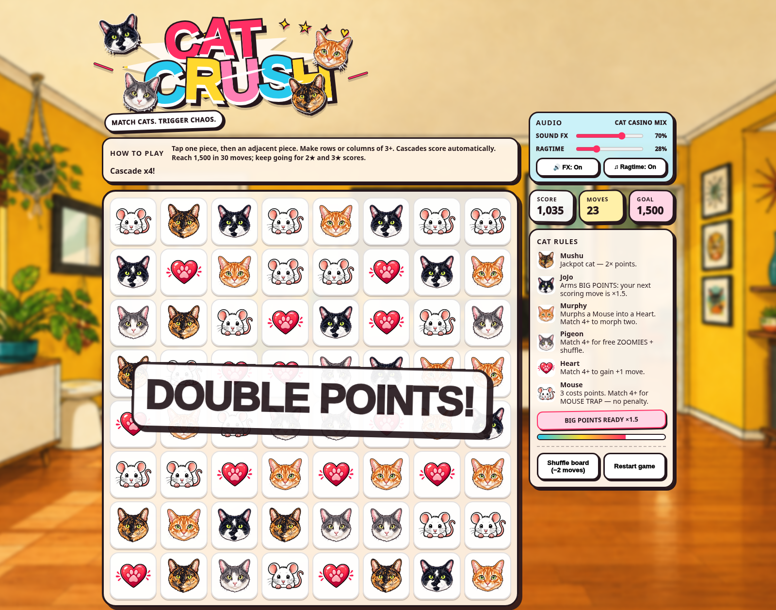 Actual Cat Crush game after seven moves, showing a score of 1,035, a Double Points flash, the cat board, Heart and Mouse pieces, and separate sound controls.