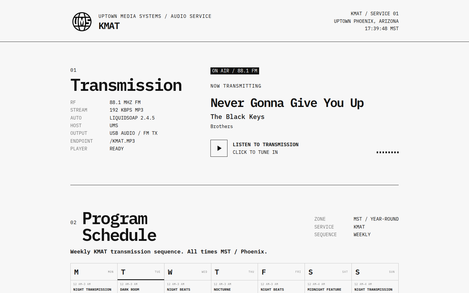 Authentic KMAT interface showing the on-air 88.1 FM status, current track, stream controls, and weekly program schedule.