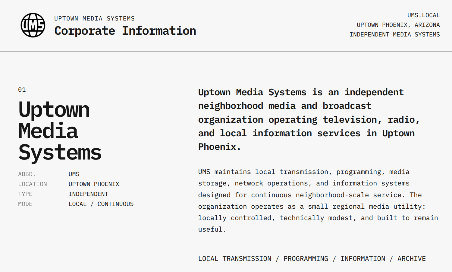 UMS corporate information screen with the globe mark, Uptown Media Systems name, and a description of its local media services.