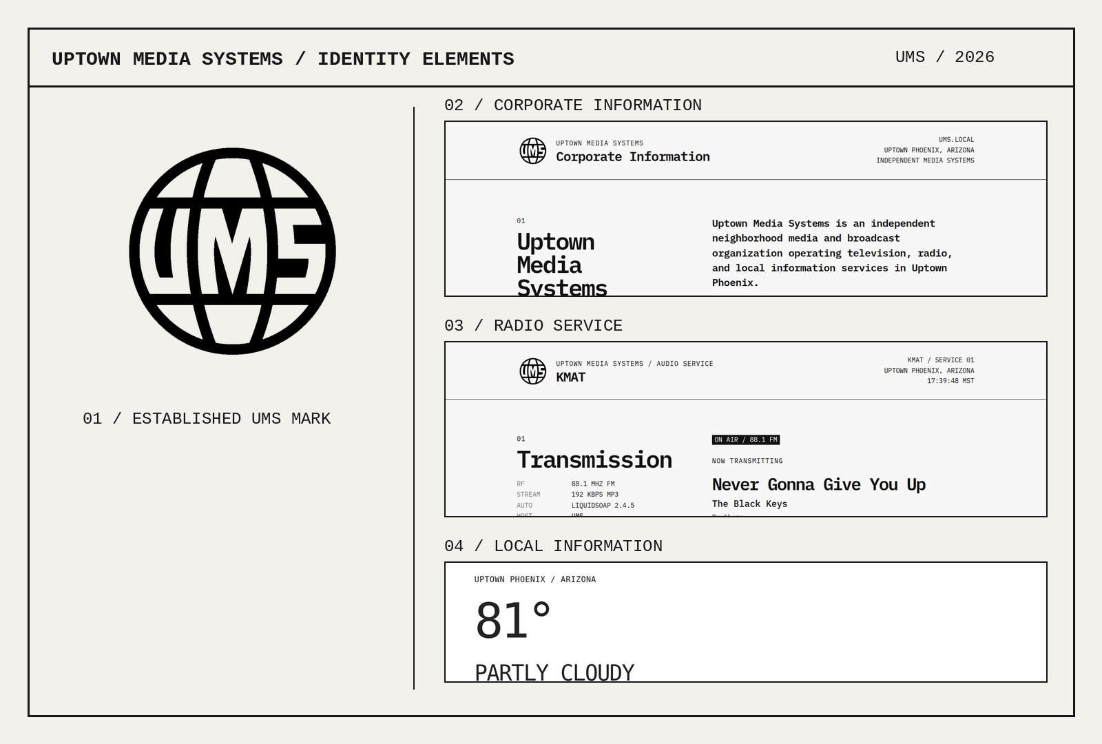 Contact sheet of the established UMS globe mark and authentic UMS, KMAT, and PHX interface details showing shared typography and layout.